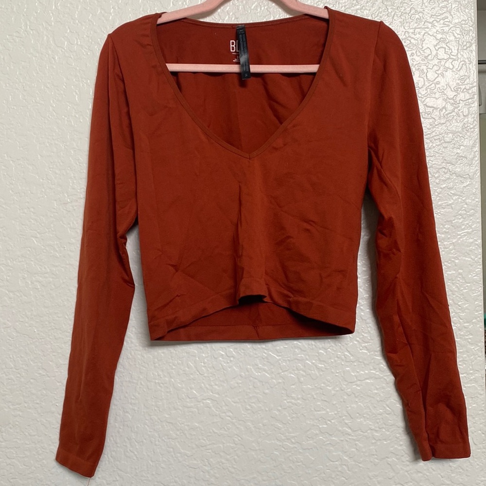 Cropped long sleeve v neck shirt from Urban Outfitters- Burnt orange in color